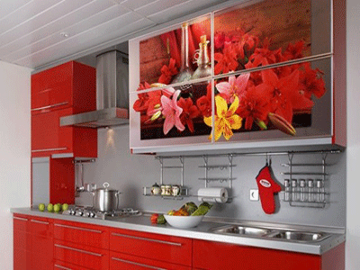 red kitchen cabinets with floral prints