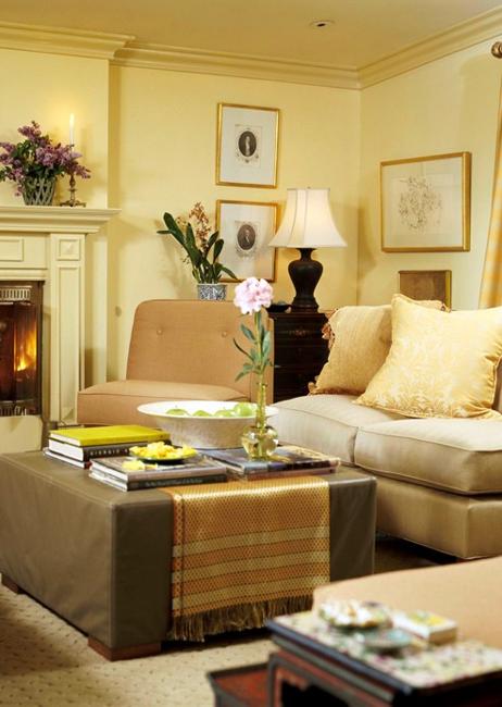 living room design with light yellow walls and furniture in neutral colors