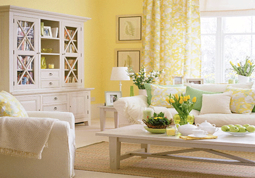 yellow paint for living room design, yellow curtain fabric and yellow flowersolor ideas
