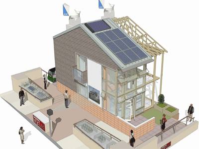 eco friendly green building, modern house with solar batteries