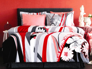 designer bedding sets in gray red colors