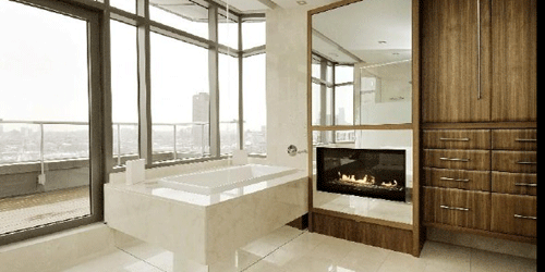 bathroom with fireplace, modern interiors for urban living style