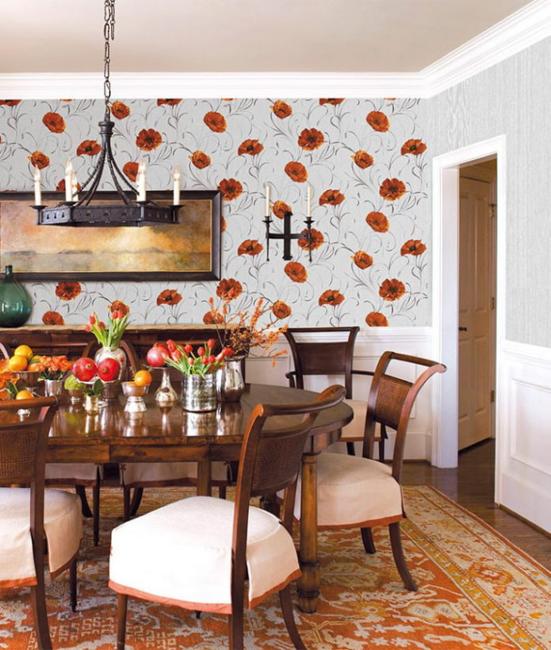 Room Decorating with Floral Wallpaper and Red Poppy Flower Designs
