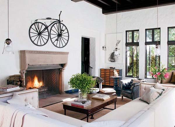 antique bike storage racks above the fireplace and modern interior decorating