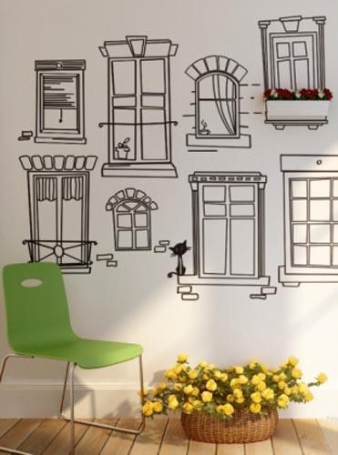 vinyl wall stickers with window frames and flower boxes