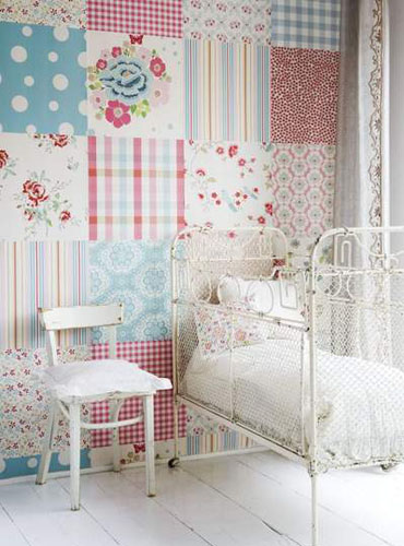 patchwork wall decoration with modern wallpaper is one if interior decorating trends