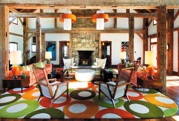 colorful floor rug for modern interior design of an old barn house