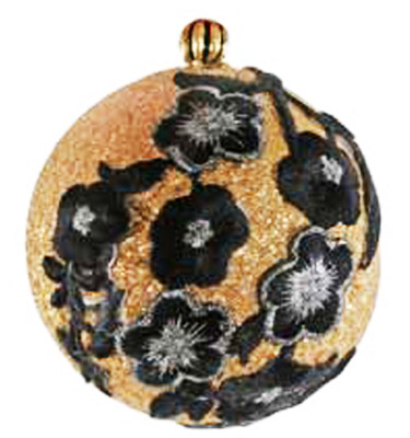 golden christmas tree balls with black flowers made of velver fabric