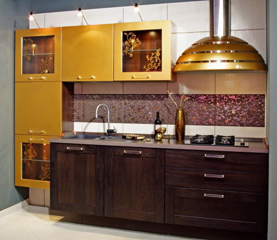 golden yellow and purple kitchen cabinets with white and purple wall panels