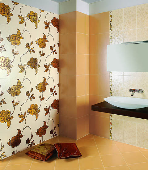 golden colors for bathroom decorating, floral wall tiles