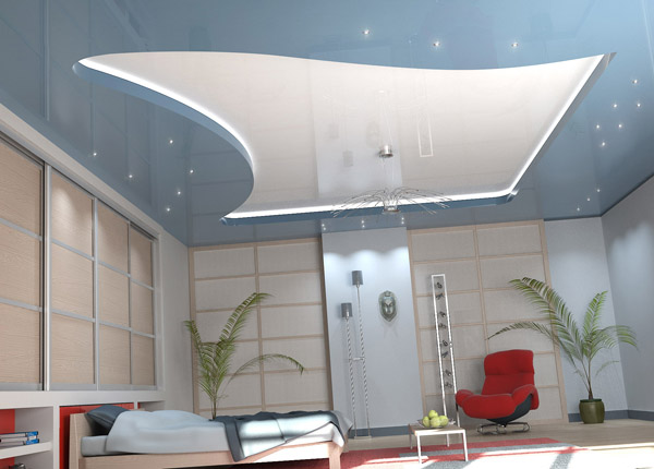 blue and white stretch ceiling film for modern interior design