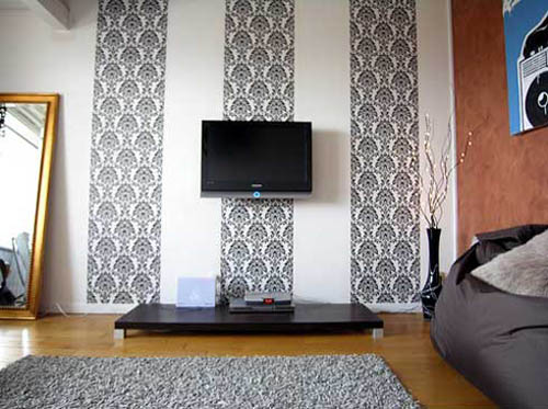black and white stripes on walls created with modern wallpaper