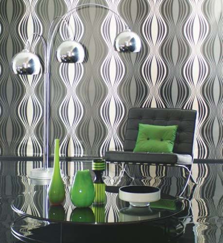 white and black striped wallpaper with green room decor accessories