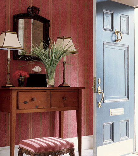 pink striped wallpaper for entryway design
