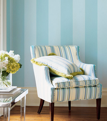 light blue stripes on walls and furniture upholstery fabric