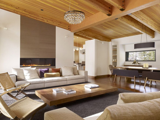 wooden ceiling and coffe table for modern living room design
