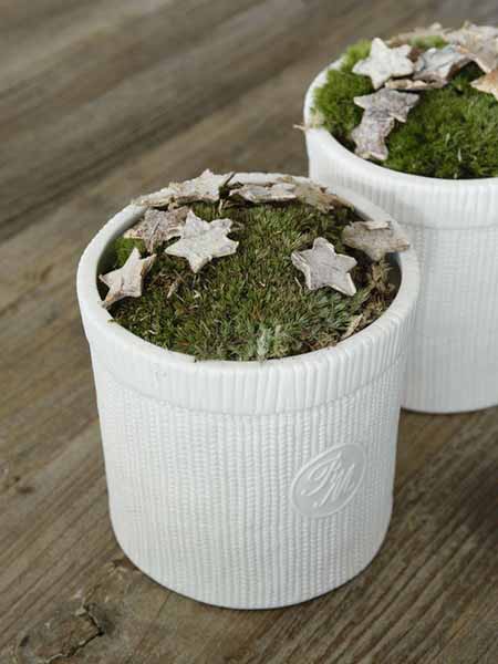 white plant containers with moss and wooden stars