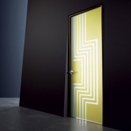 yellow green interior door with white stripes