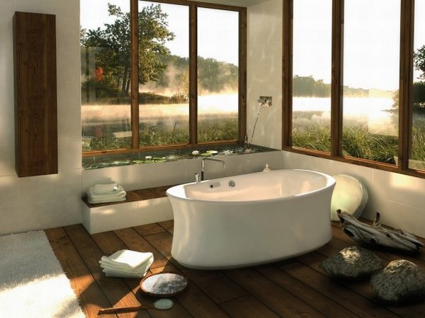 modern bathroom woth large windows and oval bathtub in white color