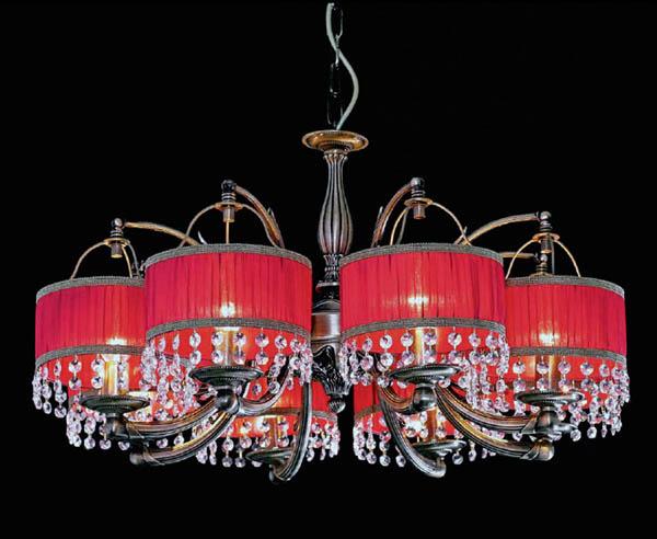 crystal chandelier with red lampshades