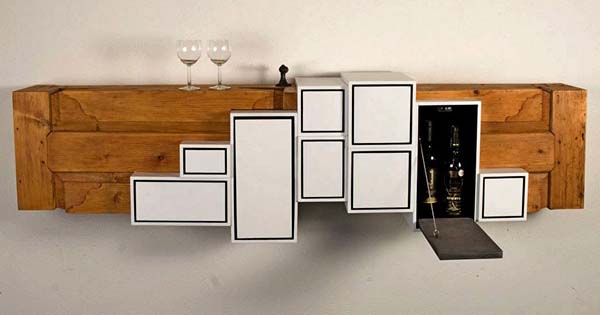 home bar shelf with drawers made of antique wood