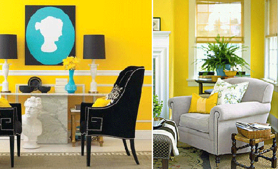 yellow paint and black and white decor