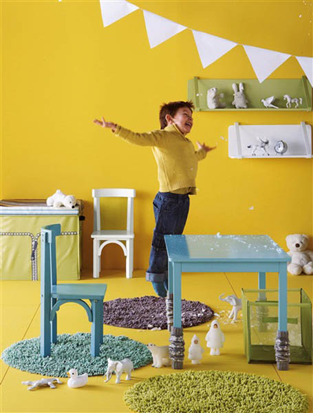 yellow paint on walls and light blue kids rooms furniture