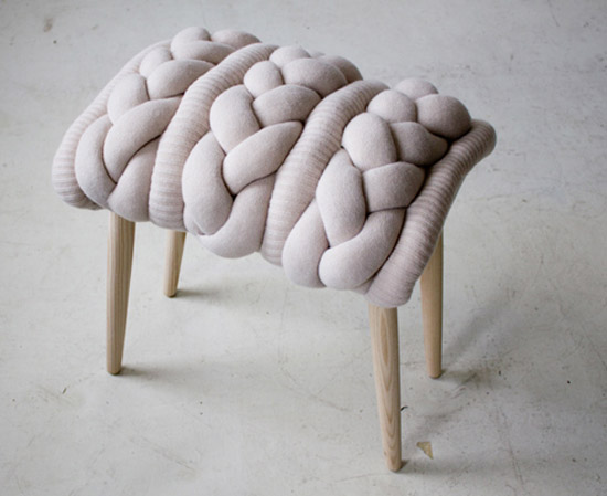 modern chairs and stools with knitted cushions