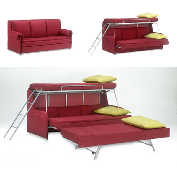 red sofa transforming into triple bunk beds