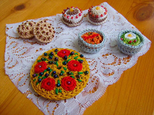 knitted and crocheted food for table decoration