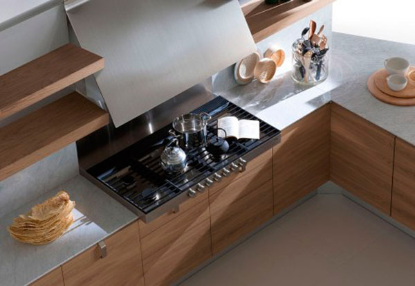 wood kitchen cabinets and stove