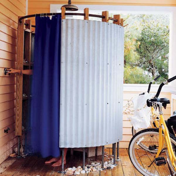 blue shower curtain for simple outdoor shower