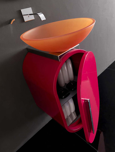 orange sink and pink cabinet