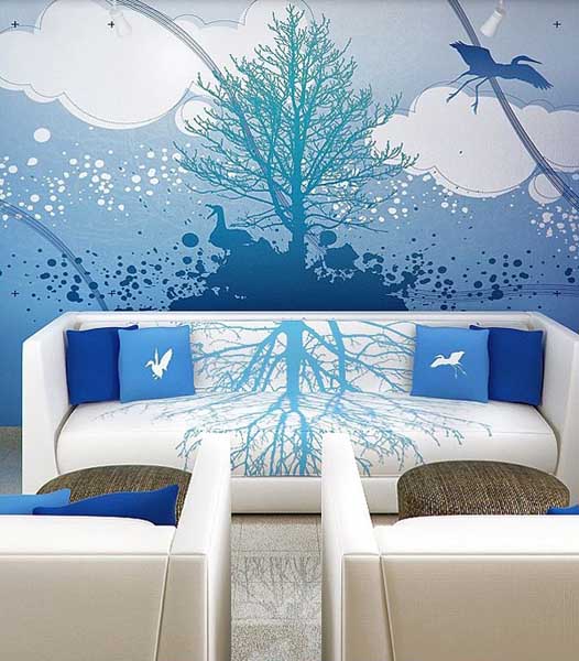 fabric prints, wall stickers and blue painting ideas for wall decoration