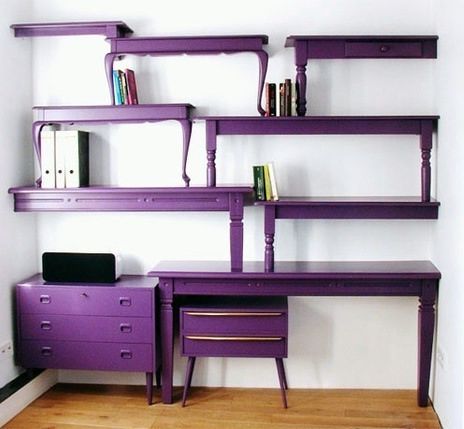 purple shelving unit made of stacked wooden tables