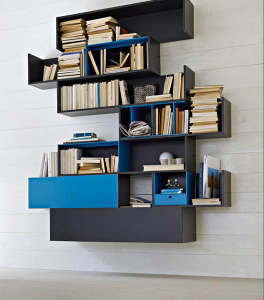 blue and black wall shelves