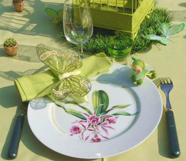 floral dishes and green napkins