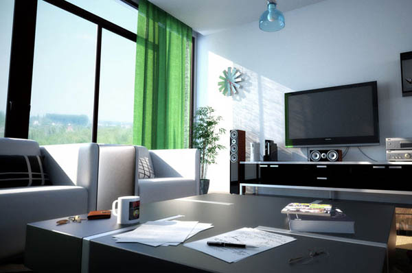 modern living room with green curtains