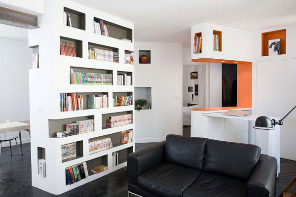 book shelves integrated into wall design