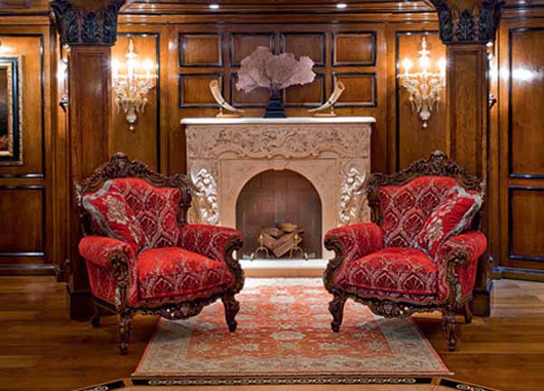 red chairs and white fireplace