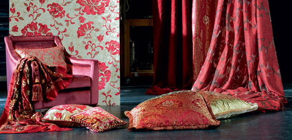 home decorating fabrics and decorative accessories in red color