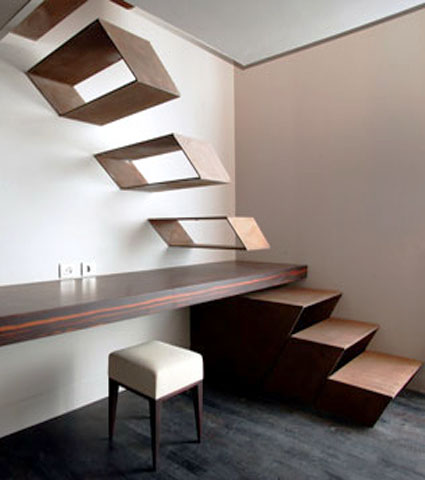 wall shelves and wooden stairs
