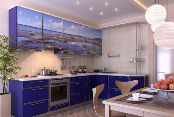 light and deep blue kitchen cabinets