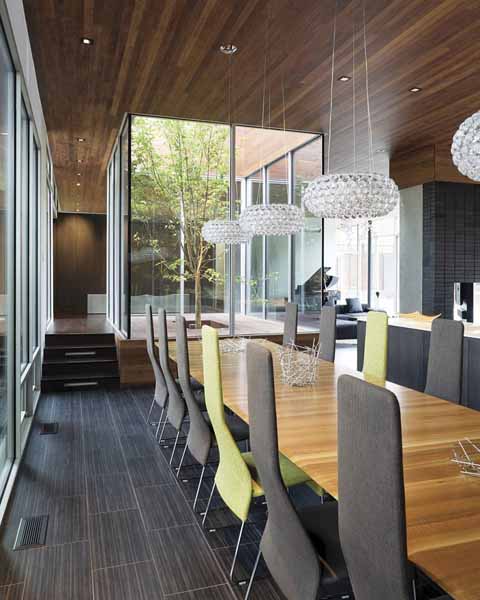 contemporary home, dining room with wooden ceiling