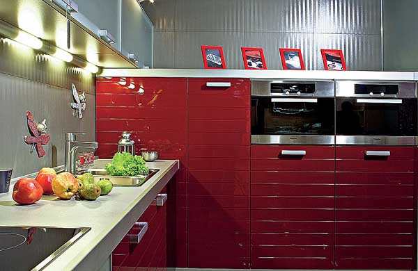 contemporary red kitchen cabinets with lighting