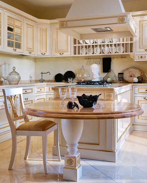 classic kitchen design made of wood with dining peninsula