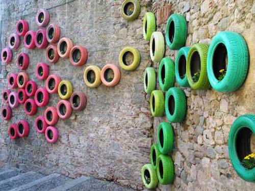 wall decorating with painted used tires