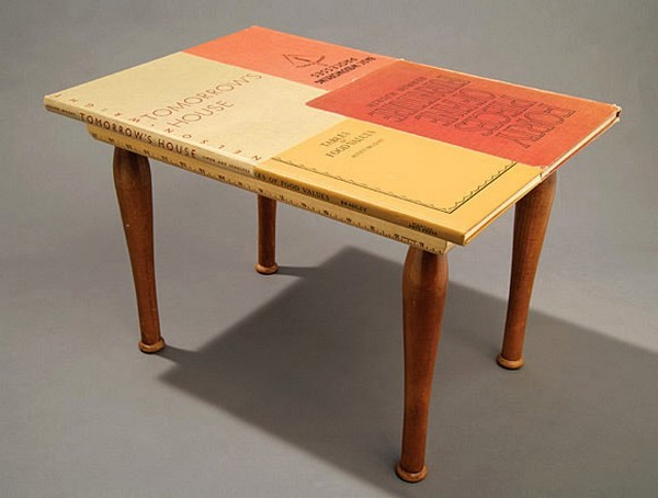 small table made of old books and reclaimed wood