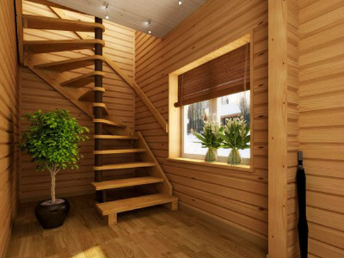 wooden spiral stair with wooden rail