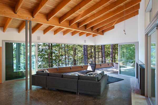 living room design with wood ceiling beams